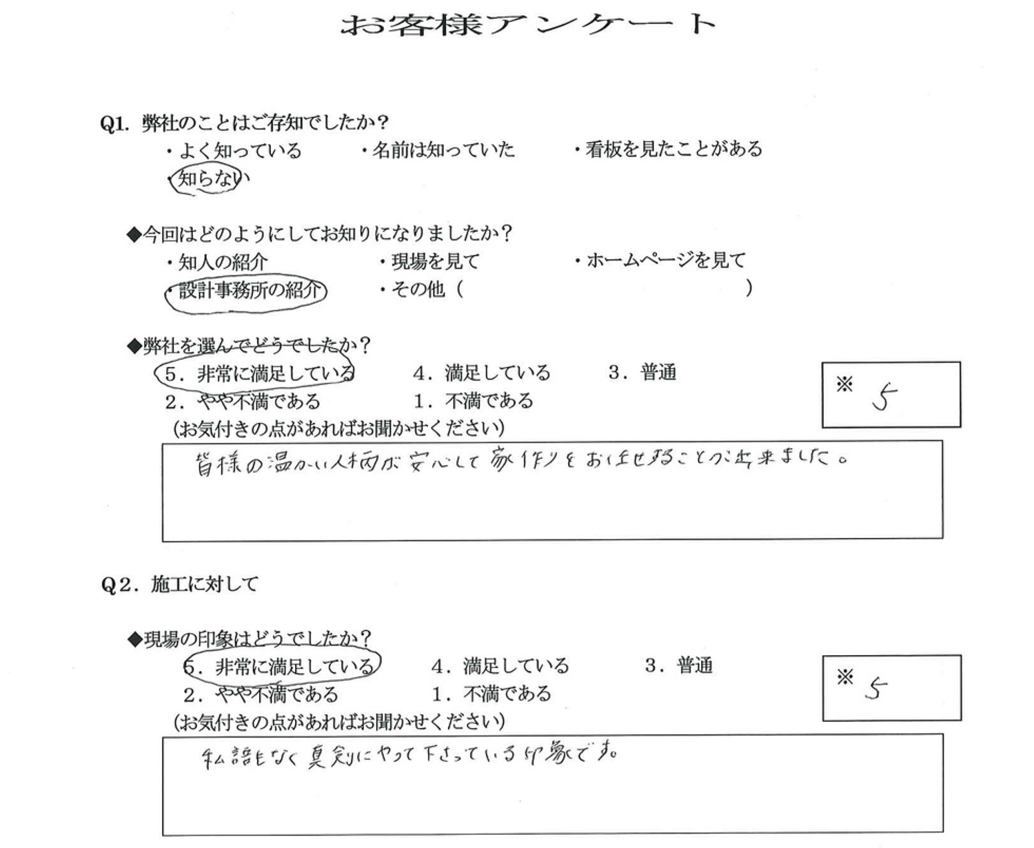 I様のアンケート